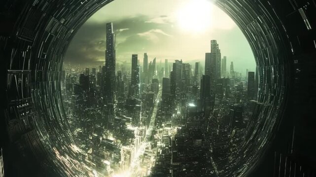 Futuristic city enclosed in a glowing sphere with reflections of skyscrapers and sunset over urban landscape