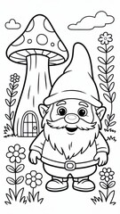 Children’s gnome coloring page featuring a smiling gnome near a mushroom house with flowers and forest elements. Thin black outline with simple contours and many small decorative details.