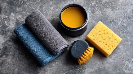 Car detailing supplies on gray stone