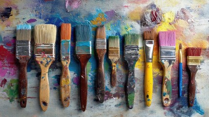 Paintbrushes stained with vibrant colors on a colorful palette
