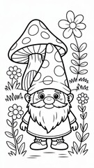 Children’s gnome coloring page featuring a smiling gnome near a mushroom house with flowers and forest elements. Thin black outline with simple contours and many small decorative details.