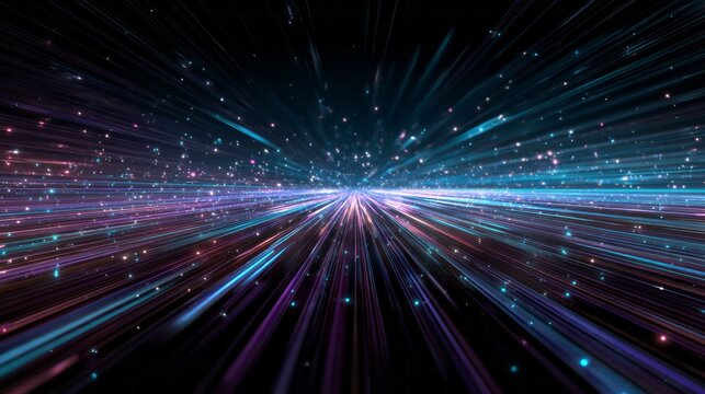 Illuminated streaks of light and particles rush toward a central vanishing point in a dark digital space. - Powered by Adobe