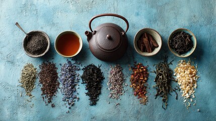 Assorted loose leaf teas in small bowls and a teapot on a textured blue surface