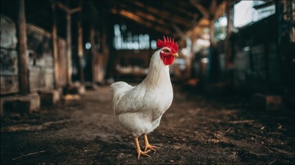 A proud, white rooster stands in an old wooden barn, bathed in natural light