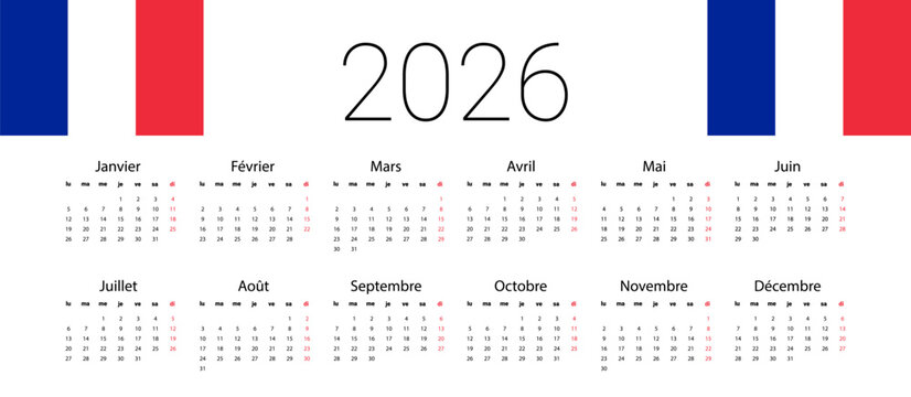 French 2026 calendar template. Vector illustration design template start from monday. Full months for wall calendar. isolated wall background.