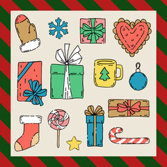Flat-style vector hand-drawn New Year's set of items and accessories. Cup, gifts, heart, sock, mittens, candy