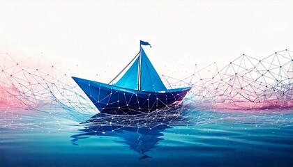 A blue paper boat floats on water with a digital network of connected lines surrounding it, symbolizing navigation in a connected world.