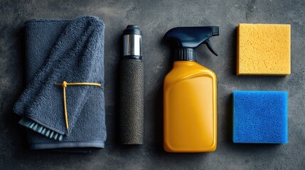 Cleaning supplies arranged on a dark gray surface