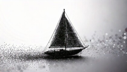 Fototapeta premium A minimalist black and white illustration of a sailboat dissolving into a cloud of particles on a light, ethereal background.