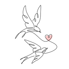 Two Bird Couples With Heart Symbol one line drawing. Two Bird Couples With Heart Symbol single line illustration. Two Bird Couples With Heart Symbol minimalist line art. Two Bird Couples With Heart Sy