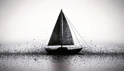 A minimalist black and white artistic rendering of a sailboat floating on a textured, reflective surface, evoking a sense of calm and solitude.