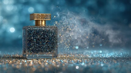 A rectangular perfume bottle, encrusted in glitter, sits amongst shimmering dust