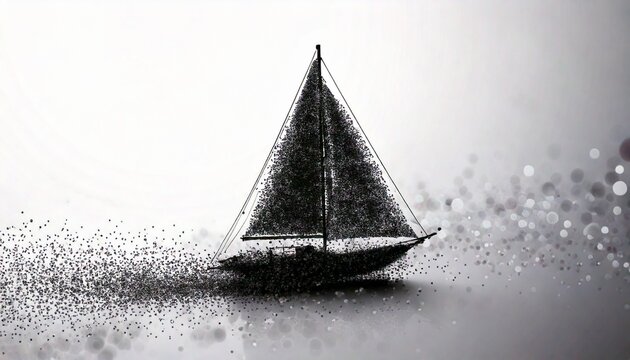 A minimalist black and white illustration of a sailboat dissolving into a cloud of particles on a light, ethereal background. - Powered by Adobe
