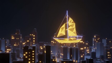 A glowing, low-poly digital sailboat hovers majestically above a dark, illuminated cityscape at night, creating a surreal and futuristic urban scene. - Powered by Adobe