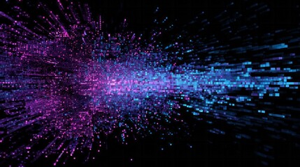Digital data streams explode outward in vibrant magenta and cyan hues against a dark background