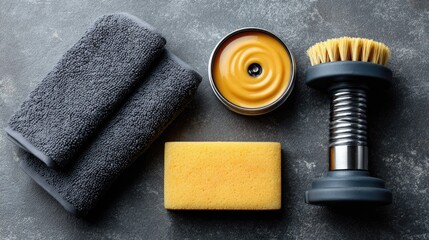 Cleaning supplies towels, sponge, brush, and container