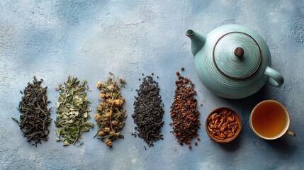 Assorted loose leaf teas arranged in rows with a teapot and cup