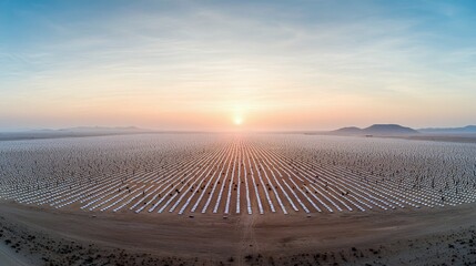 Naklejka premium Aerial view of a vast solar panel field at sunrise. The image captures the scale of renewable energy infrastructure with a warm, optimistic atmosphere.