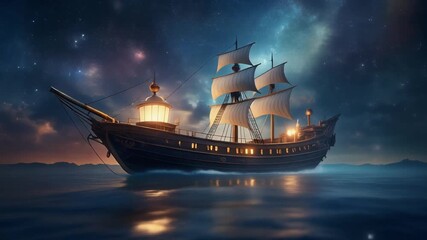 A majestic sailing ship with illuminated lanterns glides across a calm sea under a starry, cosmic night sky. - Powered by Adobe