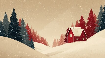 A red cottage nestles amidst snow-covered hills and evergreen trees during a gentle snowfall