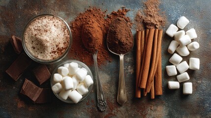 Chocolate, cocoa powder, marshmallows, and cinnamon on a dark background