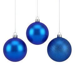 Three blue christmas ornaments hanging isolated on transparent background