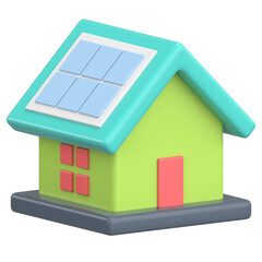 Solar energy house icon with rooftop photovoltaic panels. 3D illustration.