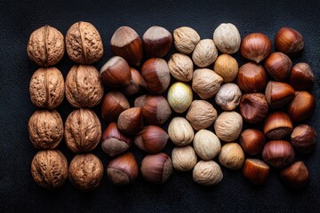 Assorted nuts arranged in rows on dark surface