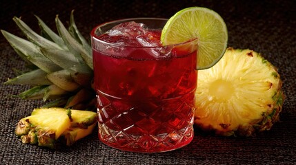 A refreshing cocktail with pineapple and lime, set on a textured dark background