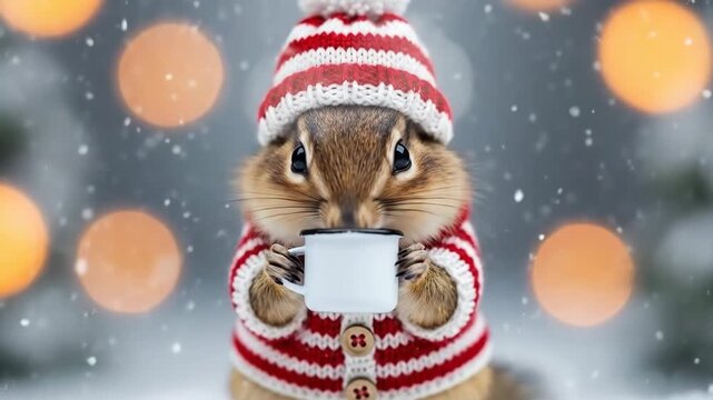 Adorable chipmunk wearing festive red and white sweater and hat holding a cup, poses in the snow, surrounded by colorful bokeh lights, embodying warmth of holiday Christmas and New Year celebrations