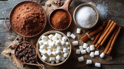 Cocoa powder, sugar, marshmallows, cinnamon, chocolate