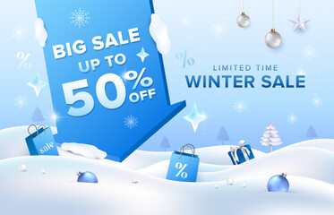 Big sale arrow winter sale idea with gifts, shopping bag and pastel snow background. Vector template for product display, greeting cards, promotion banner.