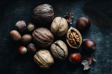 Assorted nuts on dark surface