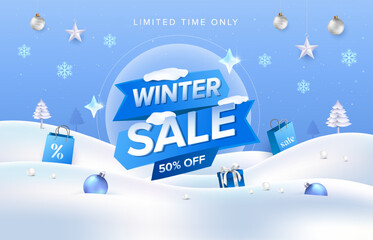 Cool blue arrow style winter sale idea with Christmas gift and snow background. Vector template for product display, greeting cards, promotion banner.