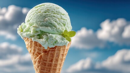 A refreshing scoop of light green ice cream in a waffle cone, garnished with mint, against a sky