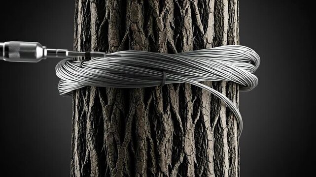 Wire Wrapped Around Tree Trunk, Close-Up View, Dark Background.