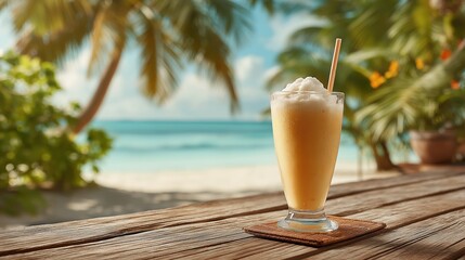 A refreshing tropical smoothie with straw sits on a weathered wooden table, beach backdrop