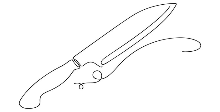 Chef knife line art icon. Hand drawn kitchen utensil sketch with label space.