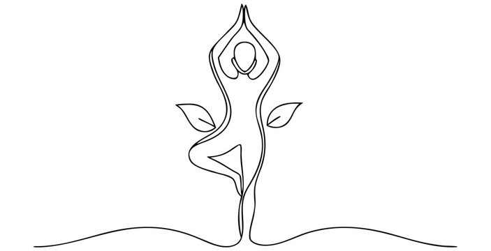 Continuous line tree pose yoga. Minimalist single stroke figure with leaf accent.