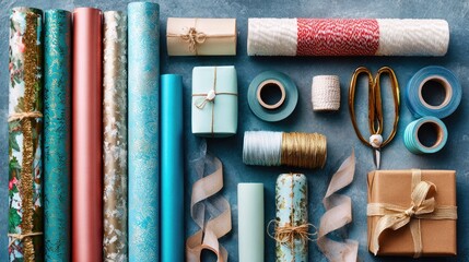 Christmas gift wrapping supplies arranged
