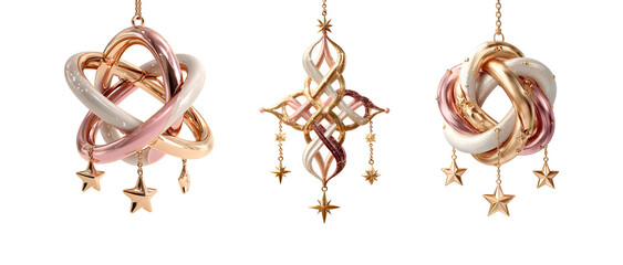 Three interwoven sculptural ramadan ornaments with metallic finishes and hanging stars on a transparent background