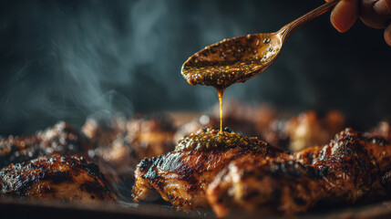 Obraz premium hand pouring sauce in a spoon over food