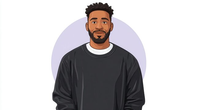 Digital illustration of a smiling man wearing a black sweatshirt against a light purple background. Friendly and approachable character design.
