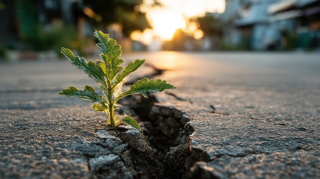 A resilient green plant thrives in a crack in the pavement, with sunlight in background - Powered by Adobe