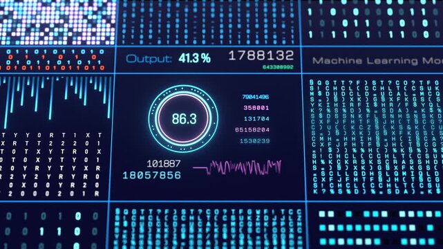 Close up AI unit, artificial intelligence, data stream, deep learning, big data, binary code, machine learning. Technology, science,  analyzing, connection, data stream. 3D animation