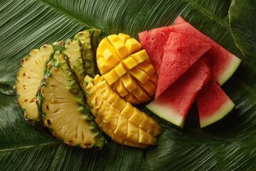 Tropical fruit slices arranged on banana leaves