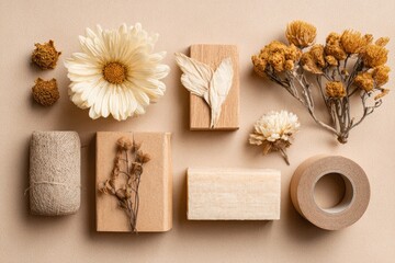 Beige aesthetic arrangement of dried flowers, soap, and boxes