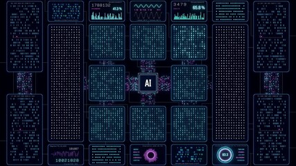 Futuristic AI artificial intelligence system, deep learning, big data, machine learning. Data processing, technology, science,  analyzing, connection, data stream, binary code. 3D animation - Powered by Adobe