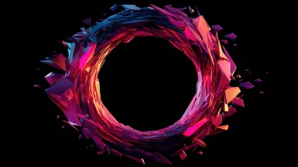 A ring of colorful, fragmented geometric shapes around a black void against a black backdrop