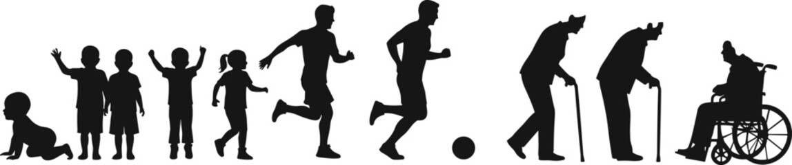 Silhouette timeline showing stages of human life from infancy to old age, growth, development, aging progression, life cycle